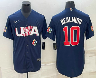 Men%27s USA Baseball #10 JT Realmuto 2023 Navy World Baseball Classic Stitched Jerseys
